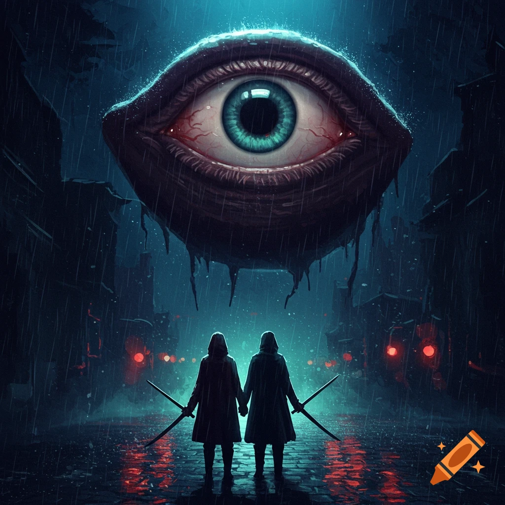 Two hooded figures face a giant floating eye in a dark, rainy city street.