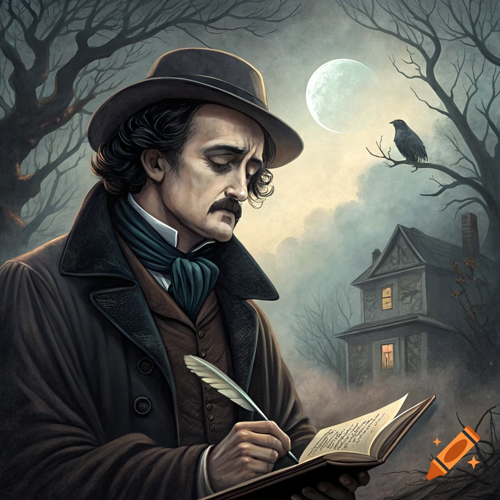 Edgar Allan Poe writing with a feather pen outdoors at night with a full moon, raven, and spooky house.