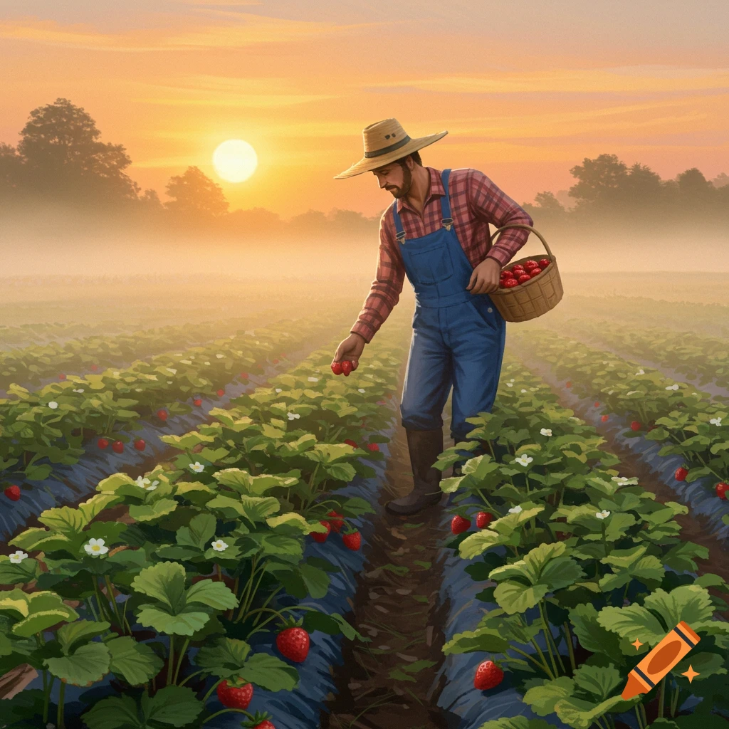 A farmer picks strawberries in a field during a foggy sunrise.