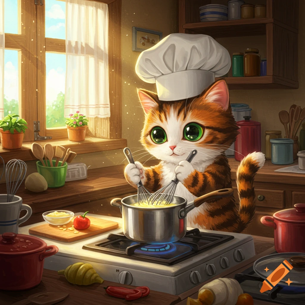 Cute cat wearing a chef hat, whisking food in a pot in a kitchen.