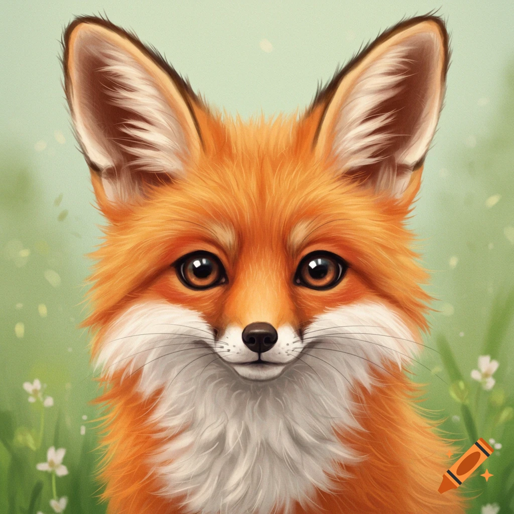 A close-up of a cute fox with big ears in a grassy background with flowers.