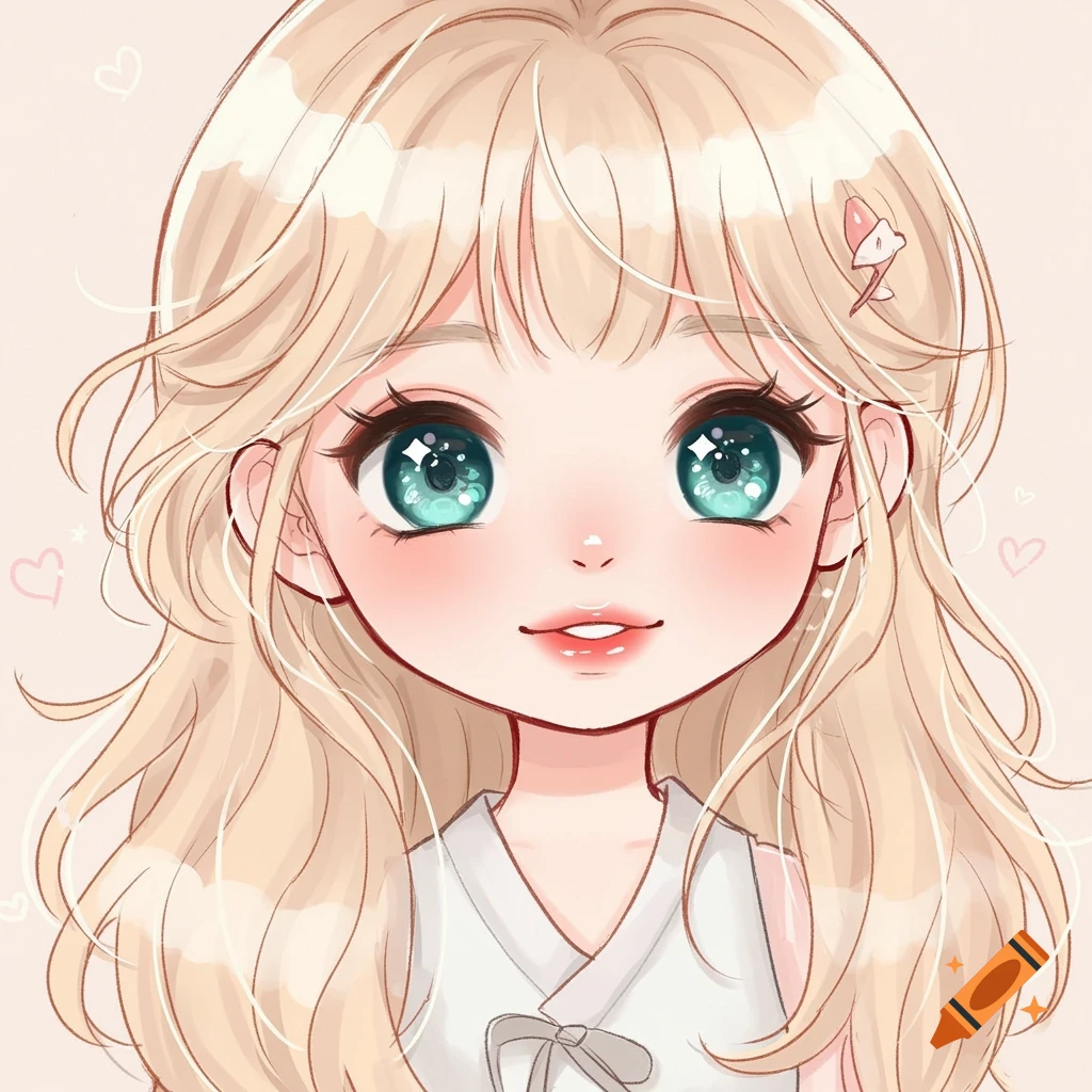 Cute anime portrait of a girl with blonde hair and green eyes.