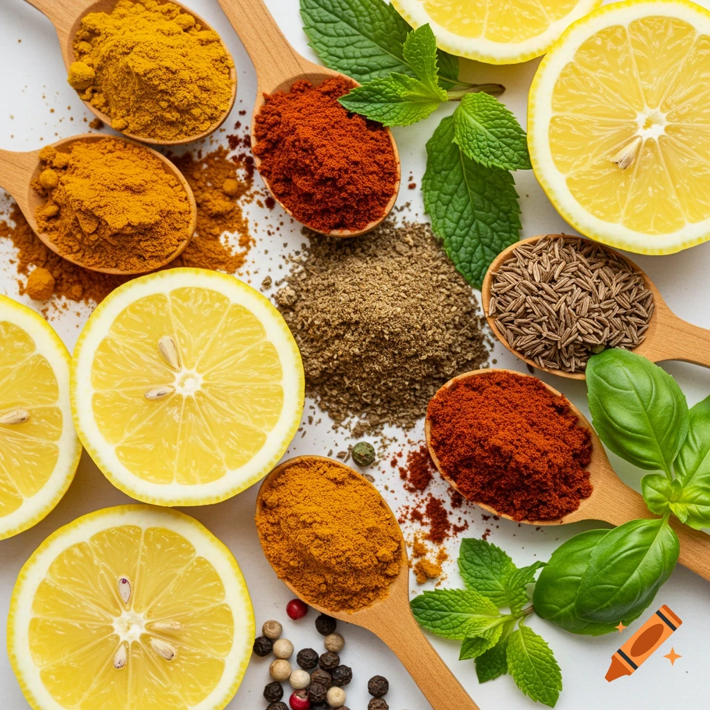 Overhead shot of sliced lemons, spices in spoons, and herbs on a white background.