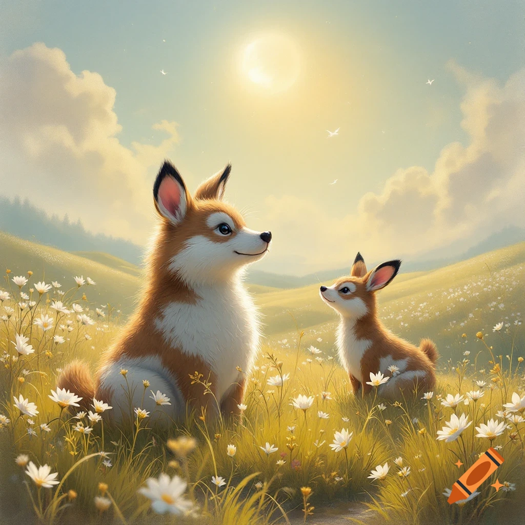 Two cartoonish dogs sit in a field of flowers under a bright sun.