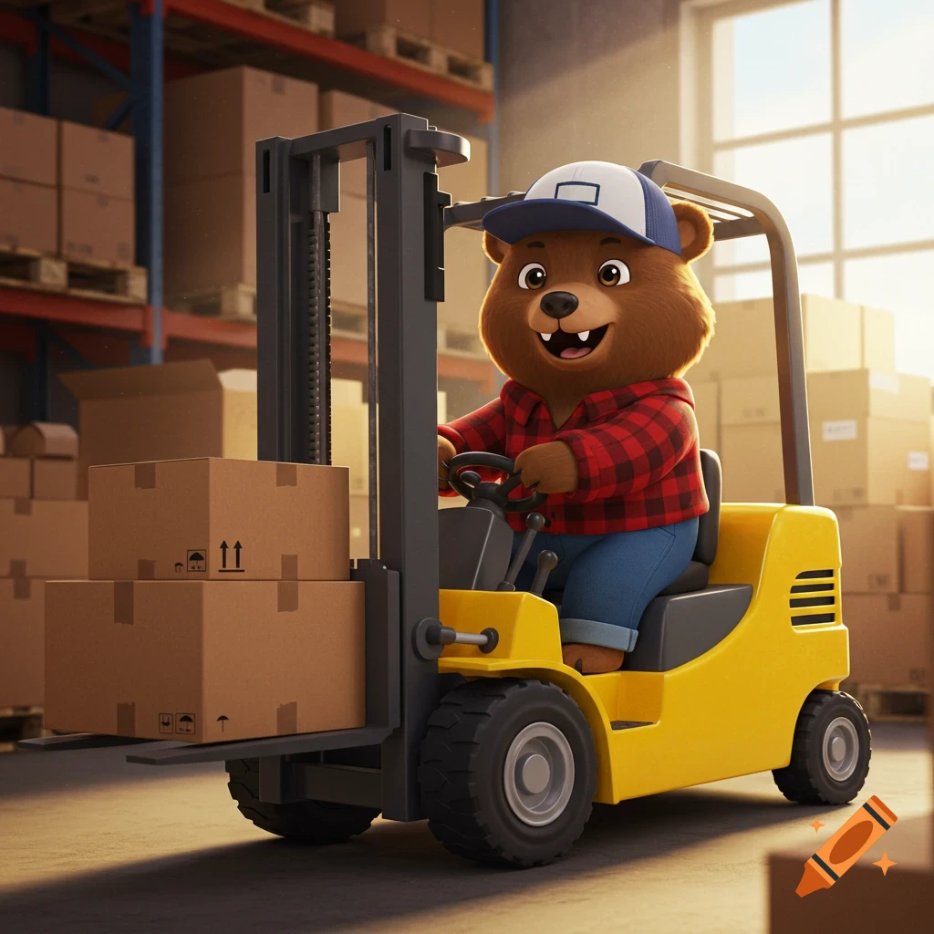 A cute cartoon bear drives a forklift loaded with boxes in a warehouse.