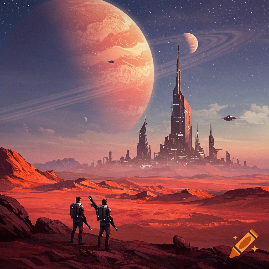 Two figures stand on a red alien planet looking at a futuristic city under a large planet.