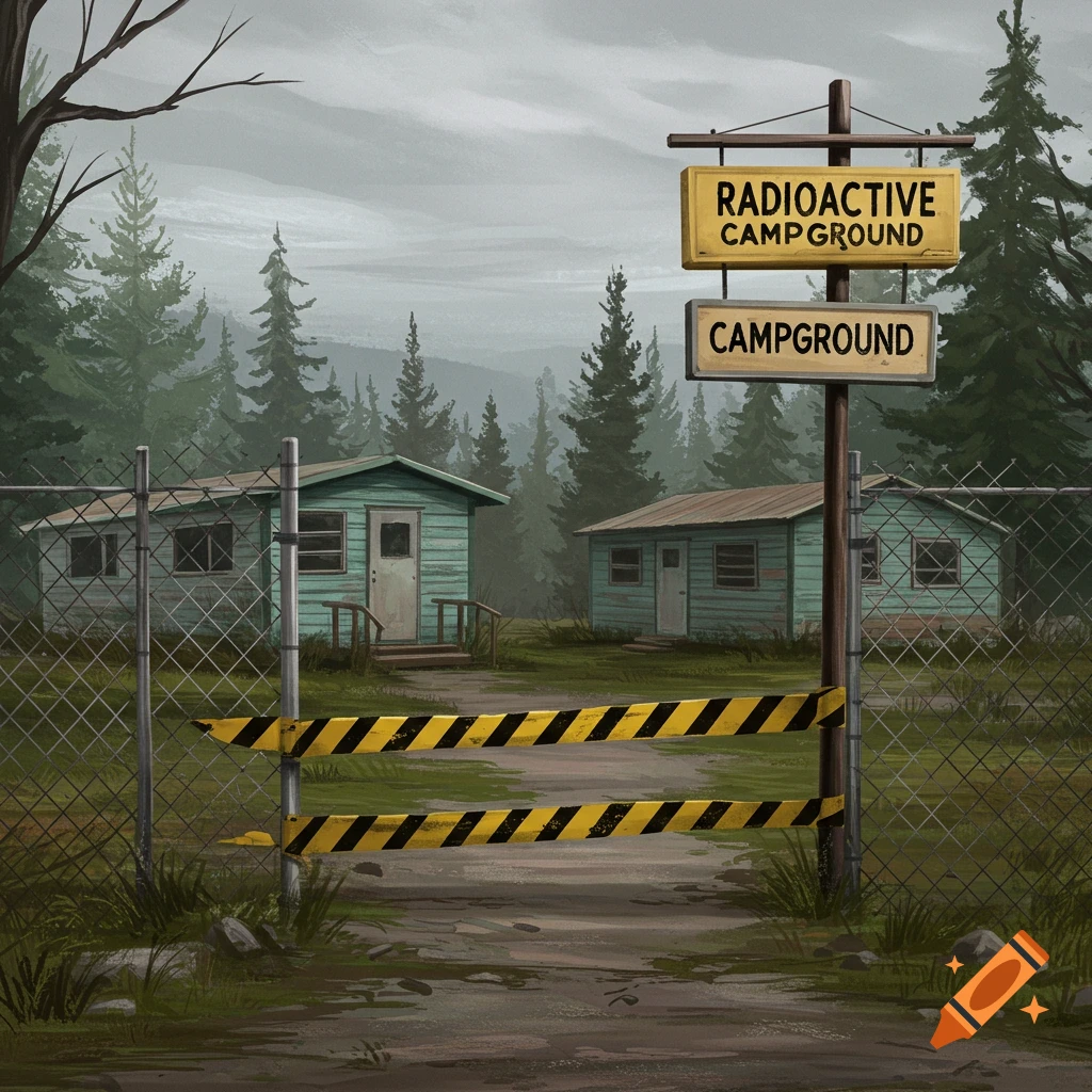 Fenced entrance to a 'Radioactive Campground' with cabins in the background.