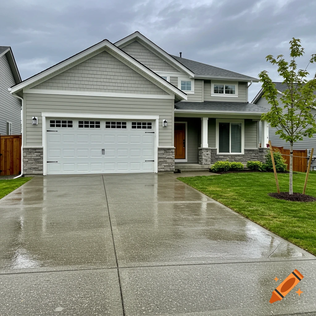A front view of a modern suburban house with a wet concrete driveway under an overcast sky.