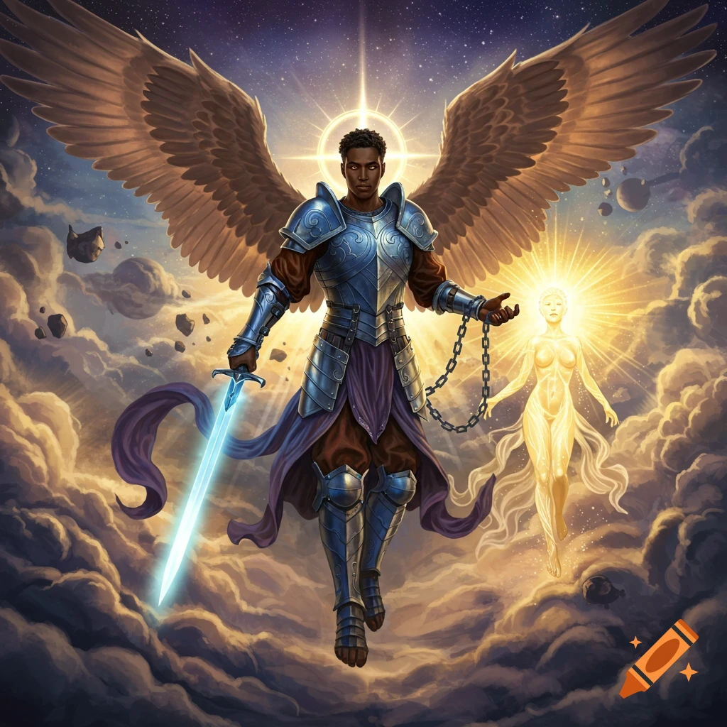 A winged male angel in armor holds a sword and chain, flying in clouds with a glowing female figure.