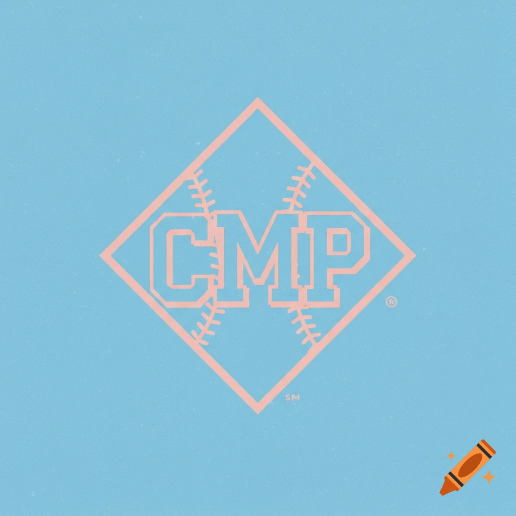 Baseball logo with initials CMP in pink inside a diamond shape with stitching on a light blue background.