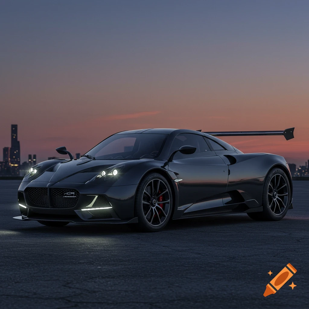 A sleek black sports car parked on asphalt at dusk with a city skyline in the background.
