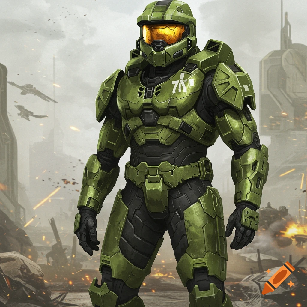 Master Chief in green armor stands in a ruined city battlefield.