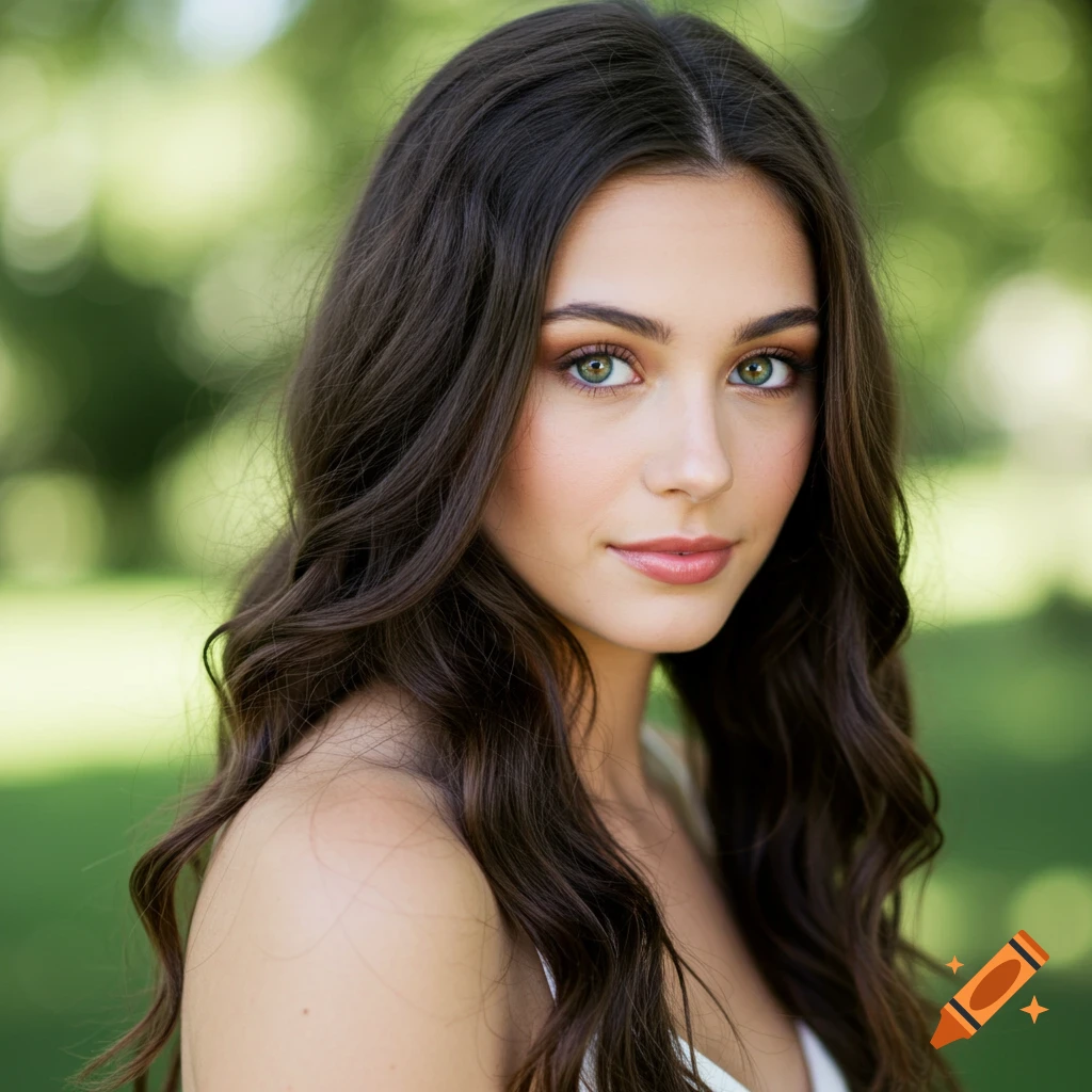 Portrait of a young woman with long dark wavy hair and green eyes
