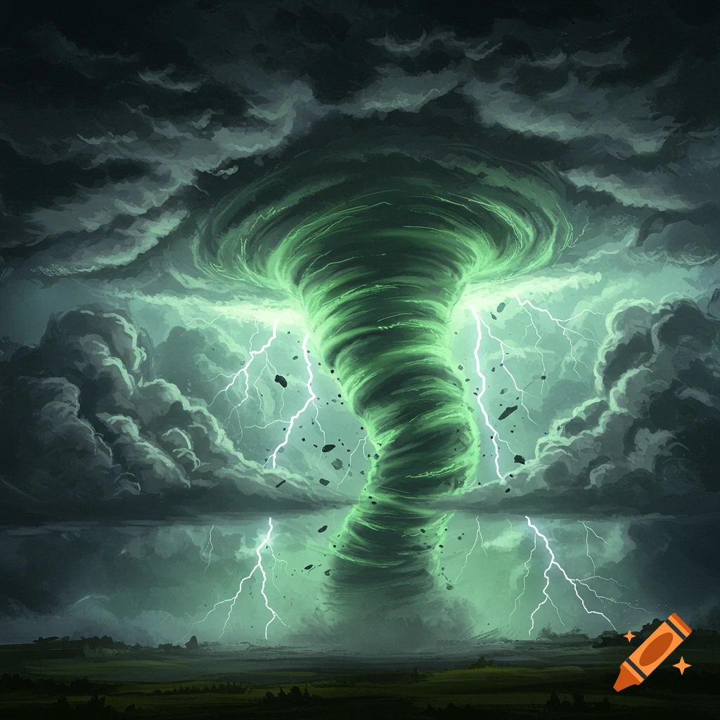 A glowing green tornado with lightning and debris during a storm.
