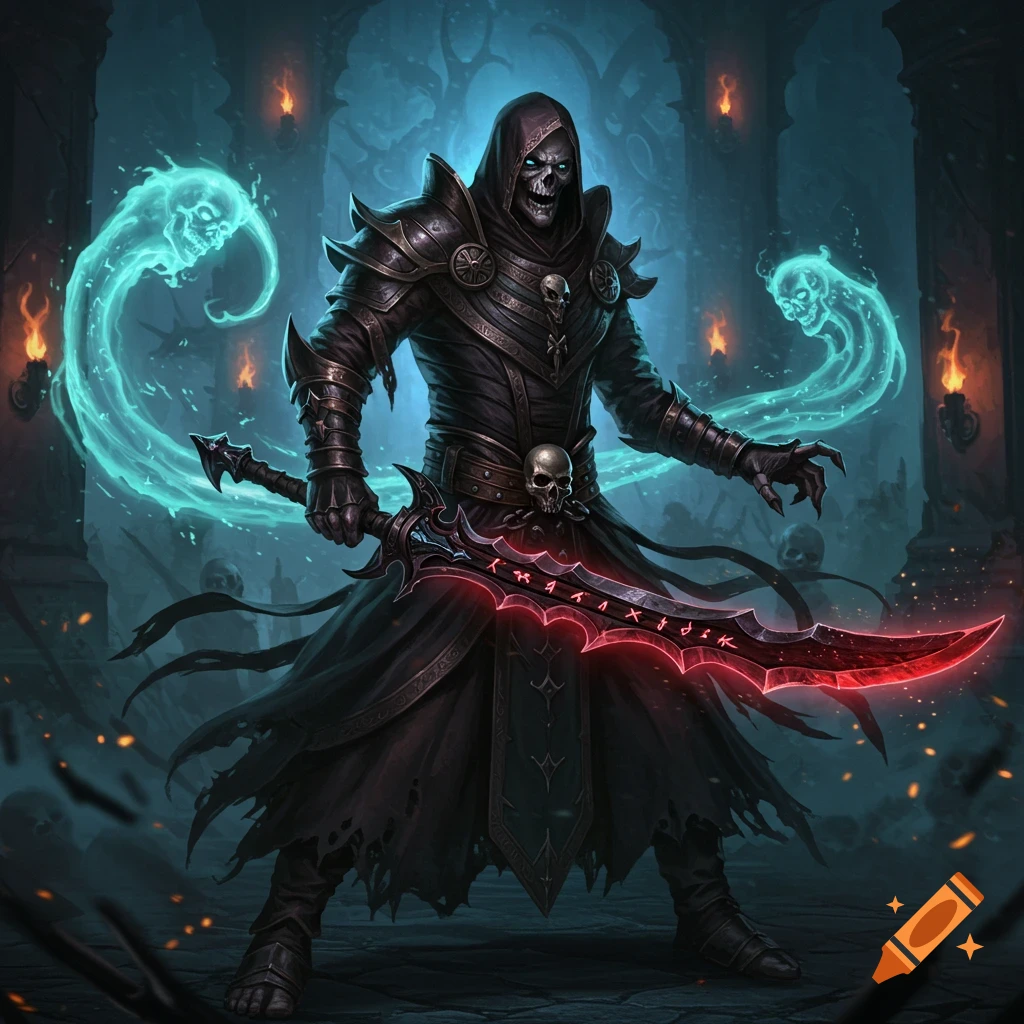 Skeletal warrior in dark armor with a glowing sword, surrounded by spectral skulls in a dungeon.