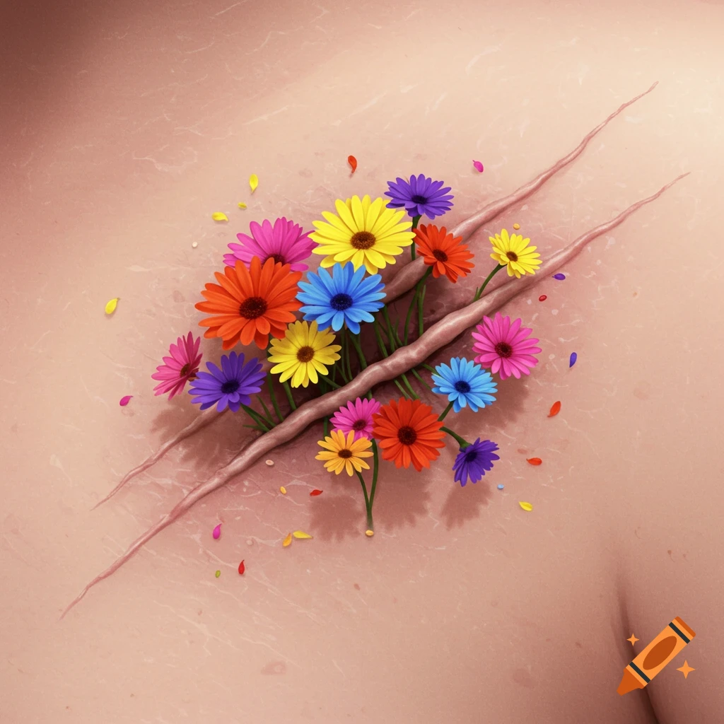 Vibrant flowers blooming from scars on skin