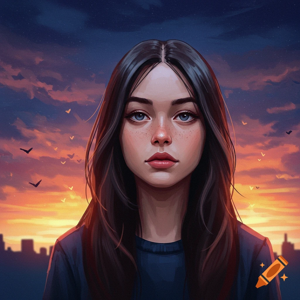 A woman with freckles is bathed in the warm light of sunset.
