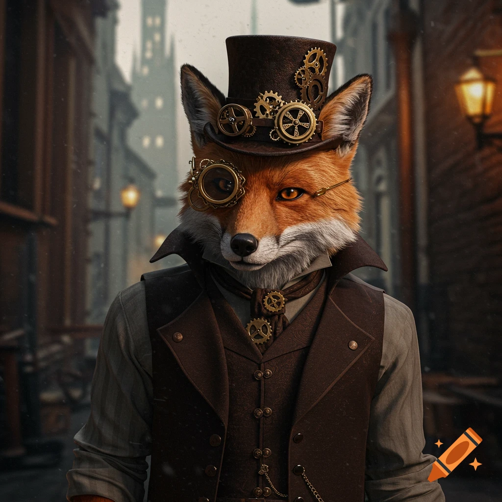 A detailed portrait of a steampunk fox wearing a top hat, monocle, and vest, standing in a foggy alley.