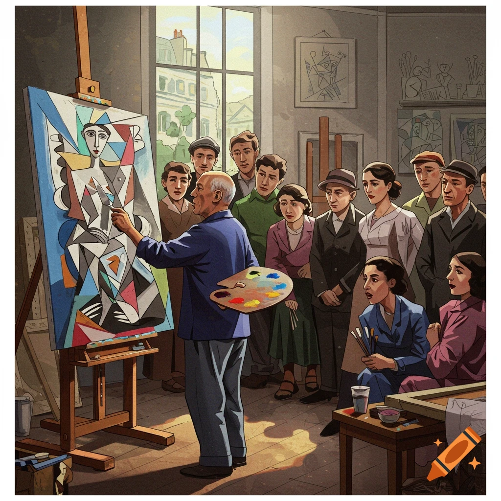 An elderly artist demonstrates cubist painting to a group of students in a studio setting.