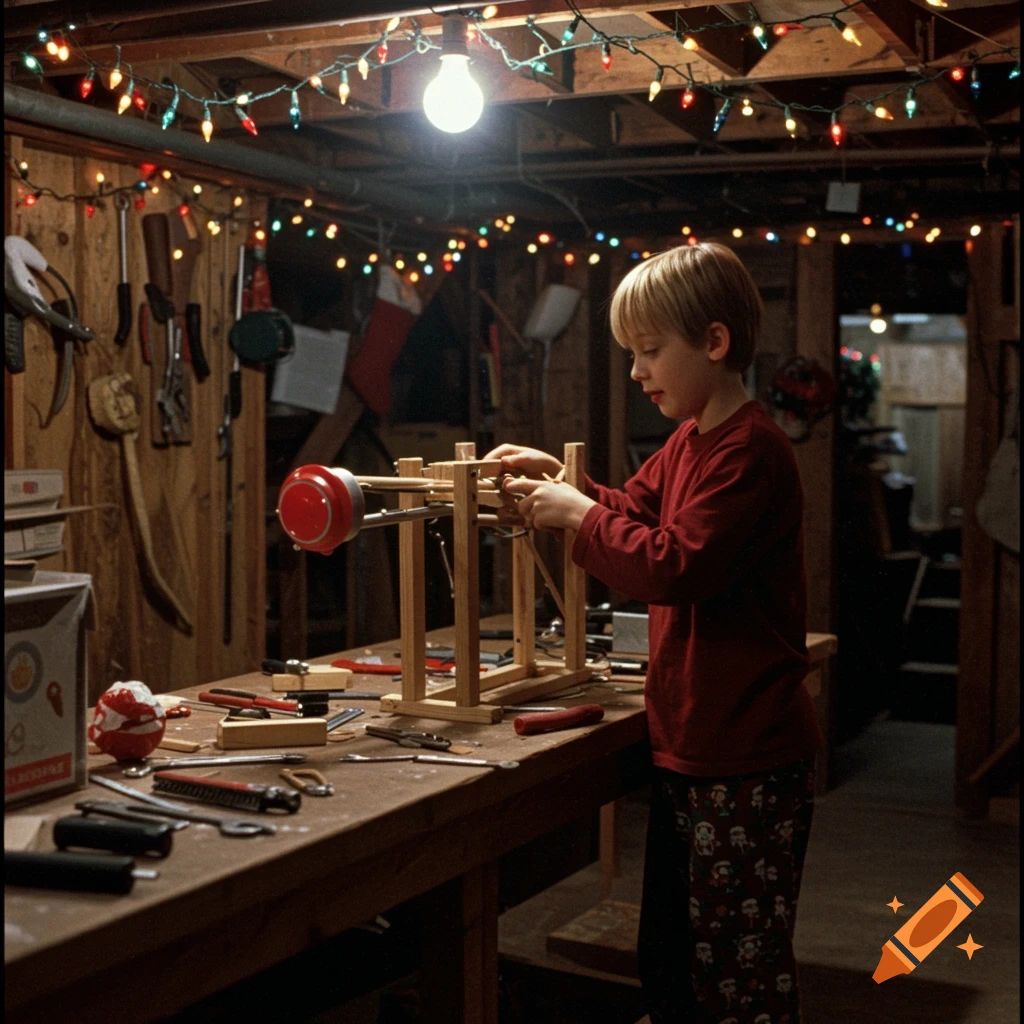 A young boy in a dimly lit workshop decorated with Christmas lights works on building a wooden contraption.