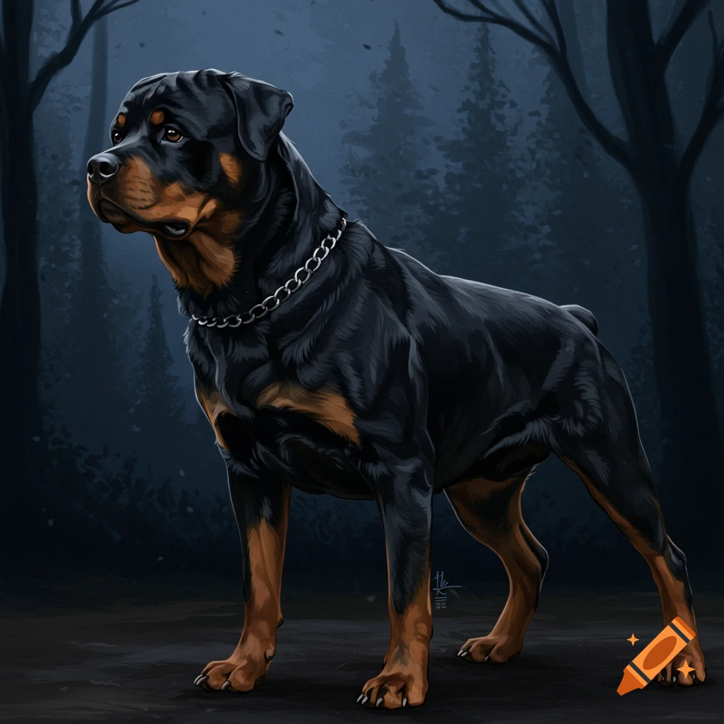 A black Rottweiler dog stands in a dark forest.