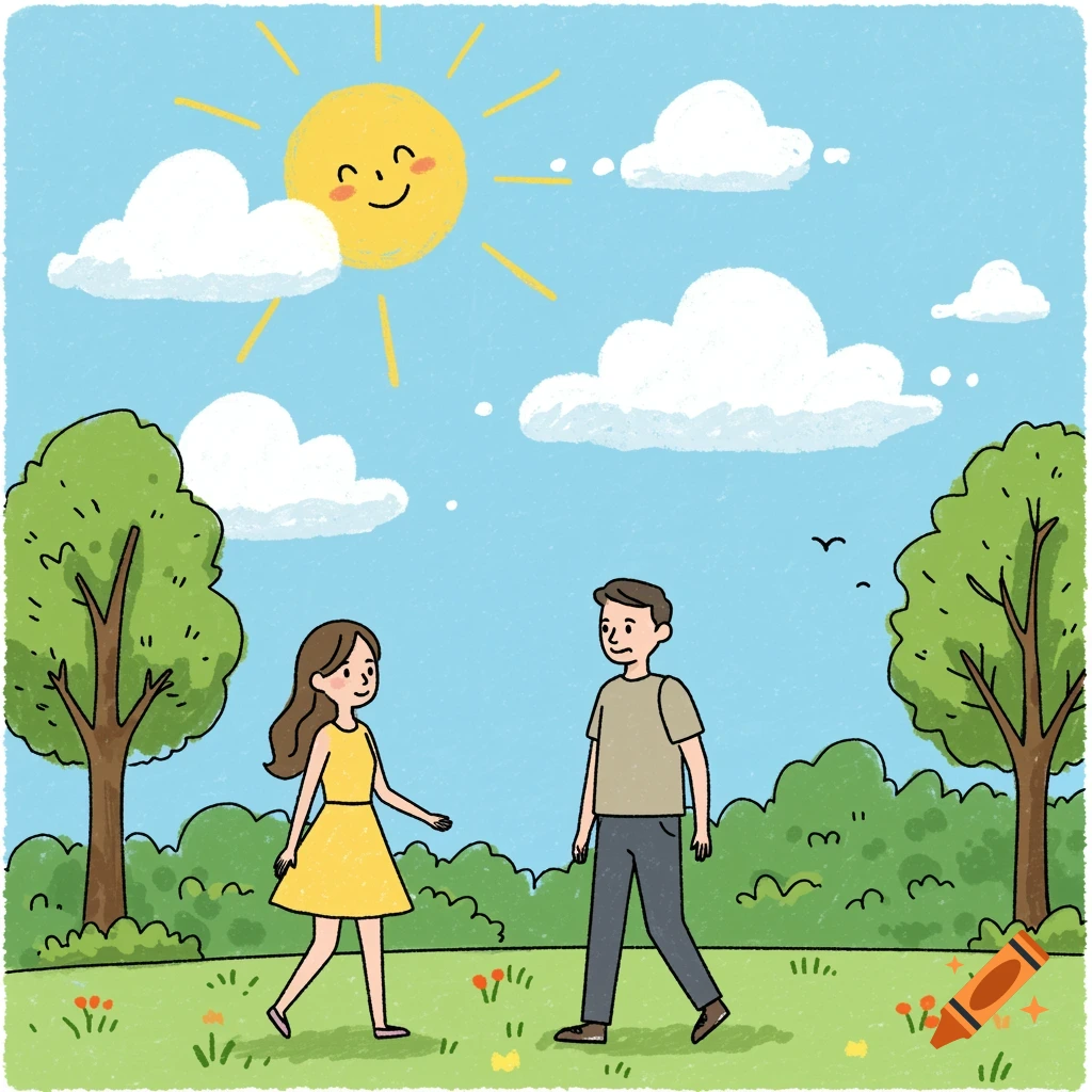 Child-like illustration of a man and woman walking in a park on a sunny day.