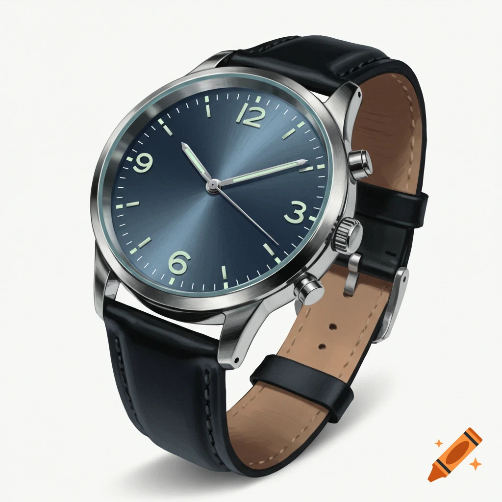 A silver watch with a blue face and black leather strap.
