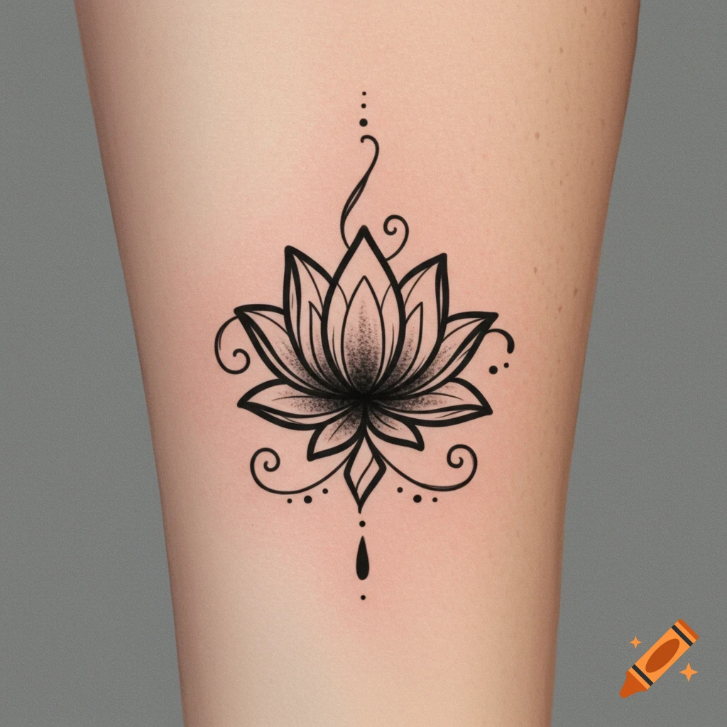 A black lotus flower tattoo design with whimsical swirls on skin.