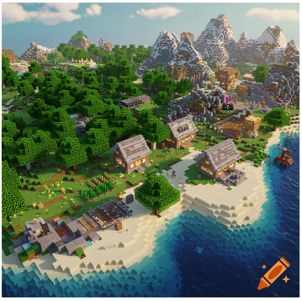 A wide-angle view of a Minecraft world featuring a village on a beach next to a forest, ocean, and snowy mountains.
