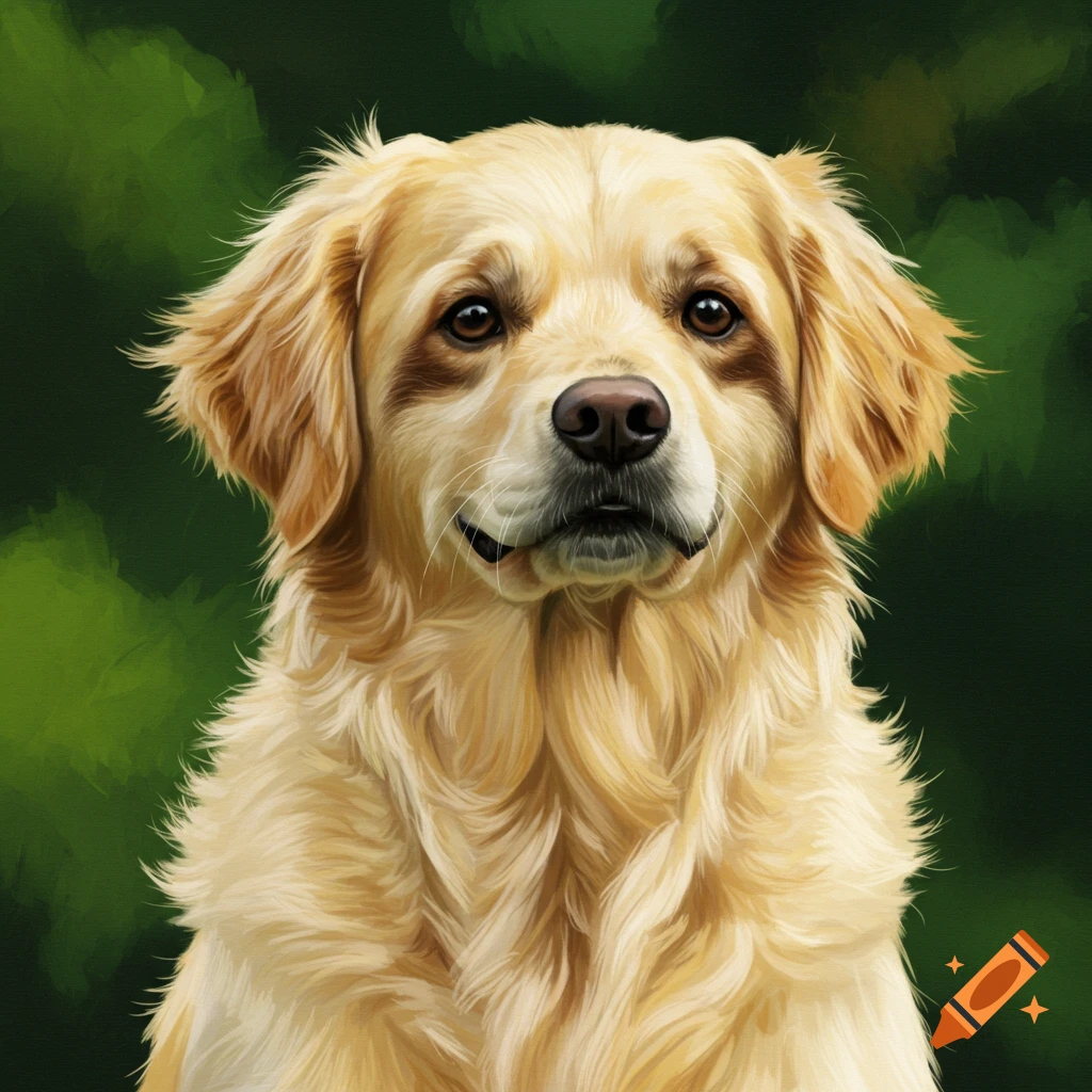 A Golden Retriever dog's face against a blurred green background.