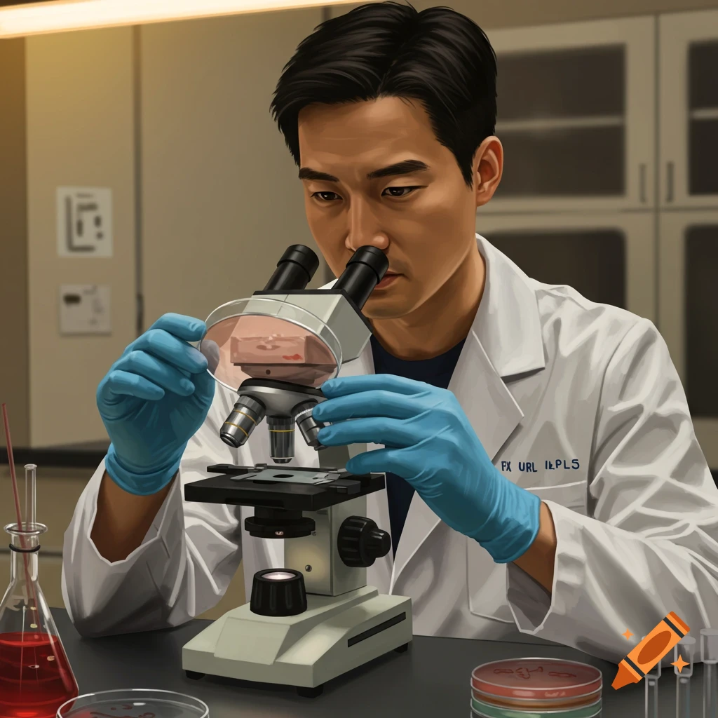 A male lab technician examines a sample under a microscope in a laboratory.