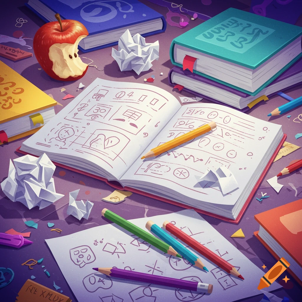 An image of homework supplies including books, crumpled paper, pencils, and a bitten apple on a desk.