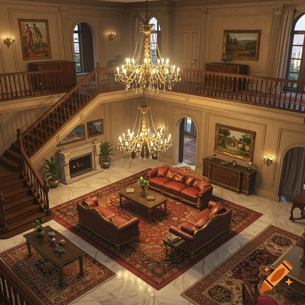 A grand mansion foyer with a double staircase, large chandeliers, and a seating area with red sofas.