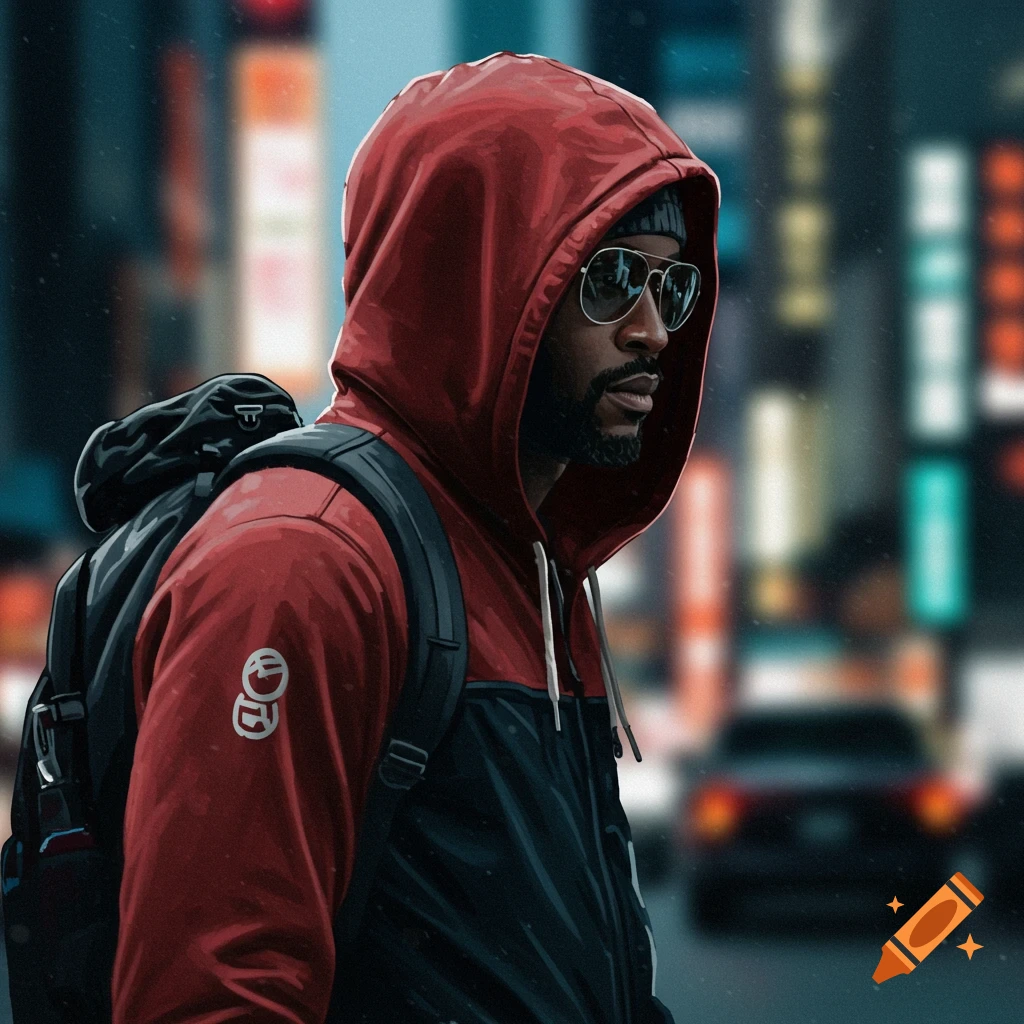 A person wearing a red hoodie and backpack is walking in a blurry urban street.