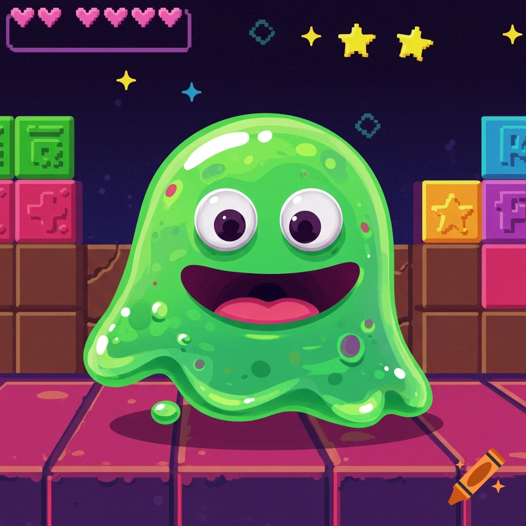 A friendly green slime character smiles in a retro pixelated video game level.