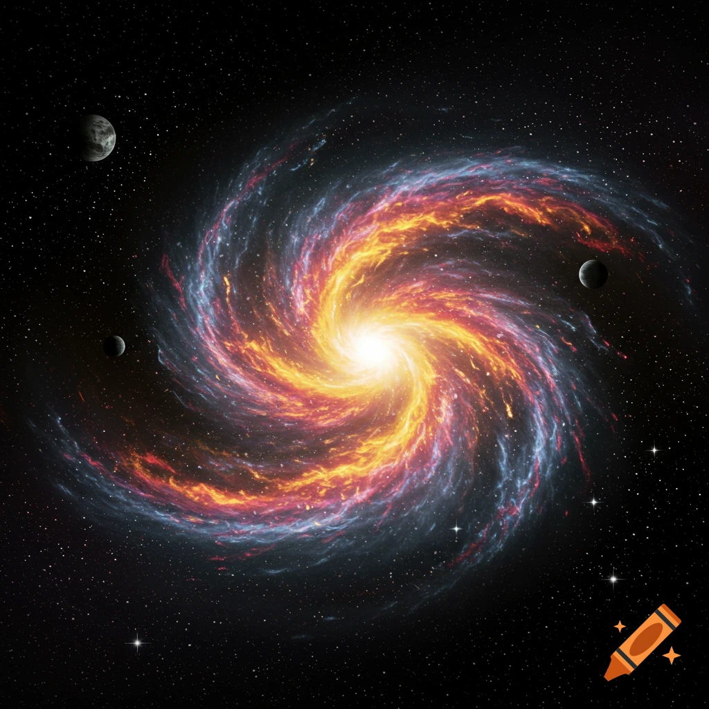 A colorful spiral galaxy with planets in space.