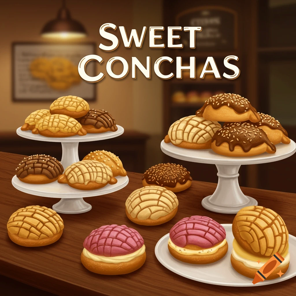 Sweet conchas pastries are displayed on platters and a table with the text "SWEET CONCHAS"