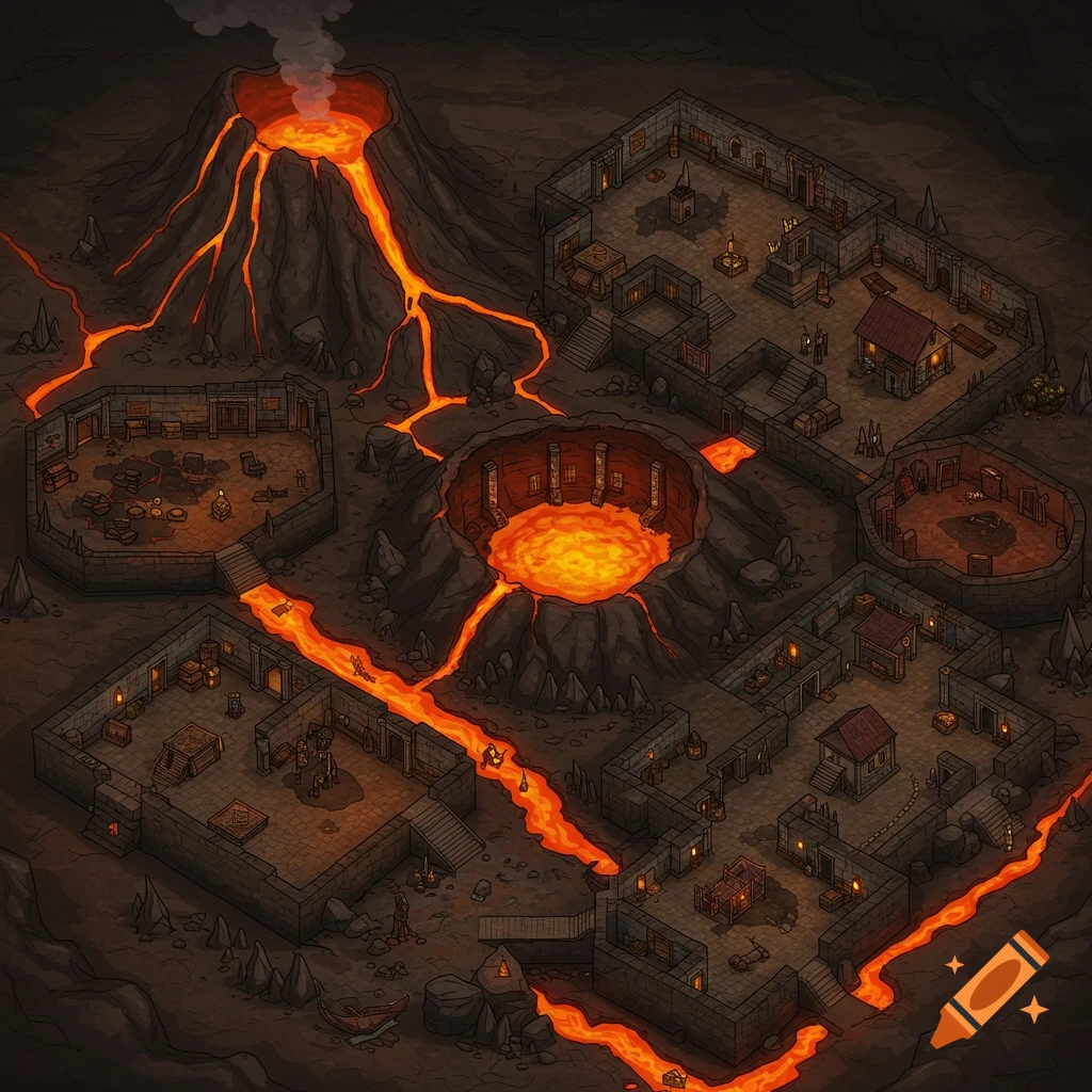 Top-down illustrated fantasy map of a volcano dungeon layout with lava flows and multiple rooms.