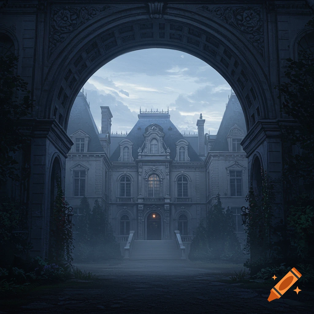 A grand mansion with French architecture viewed through a stone archway in a moody, misty setting.