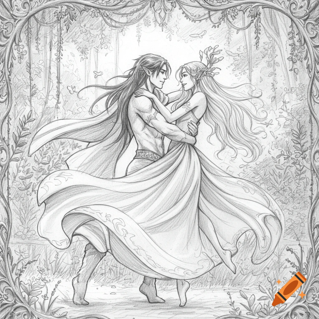 A pencil sketch of two fantasy figures dancing in a forest setting.
