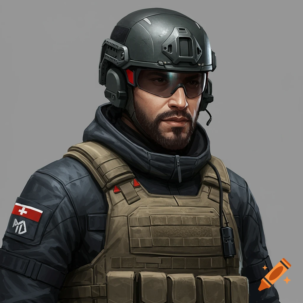 A man in tactical gear, helmet, and visor.