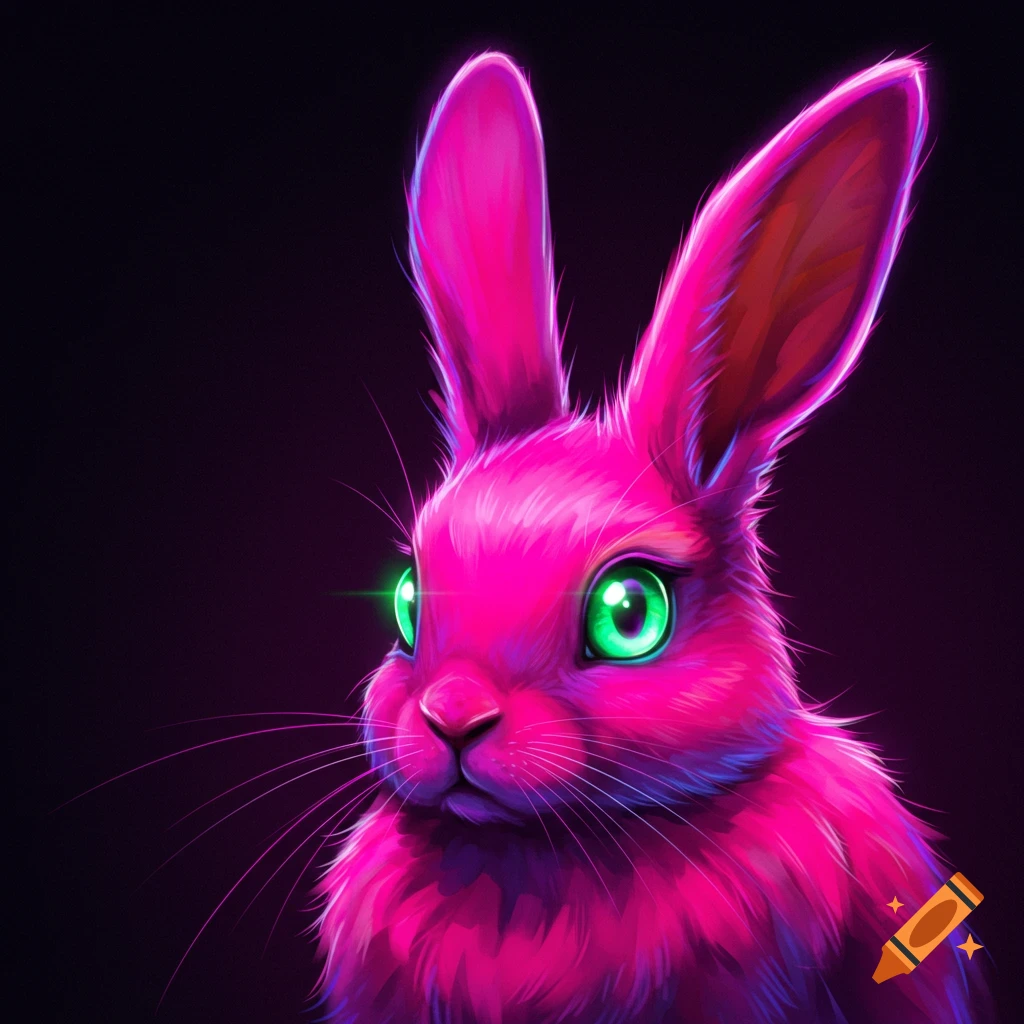 A neon pink bunny with bright green eyes