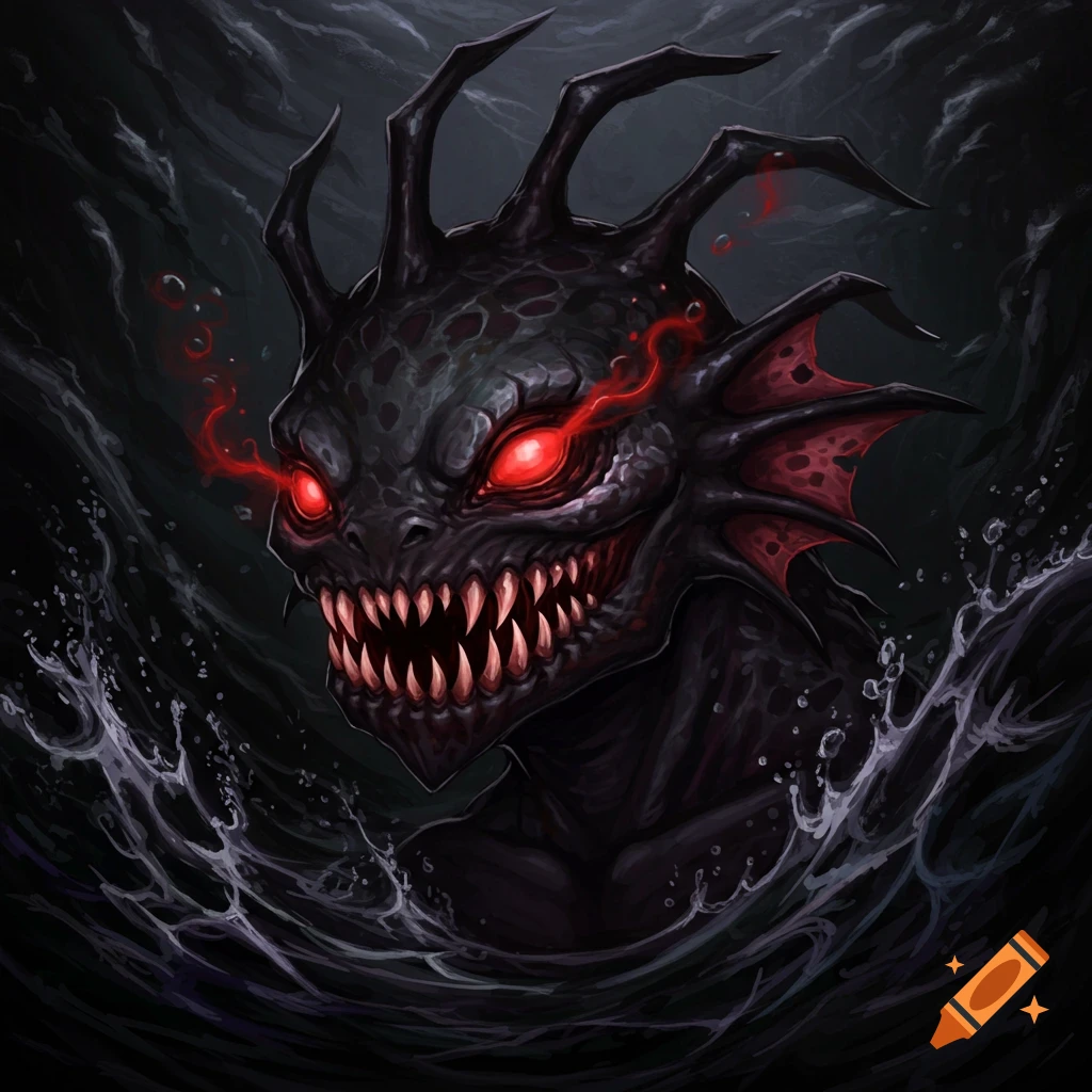 A dark, toothy creature with red eyes emerges from the water.
