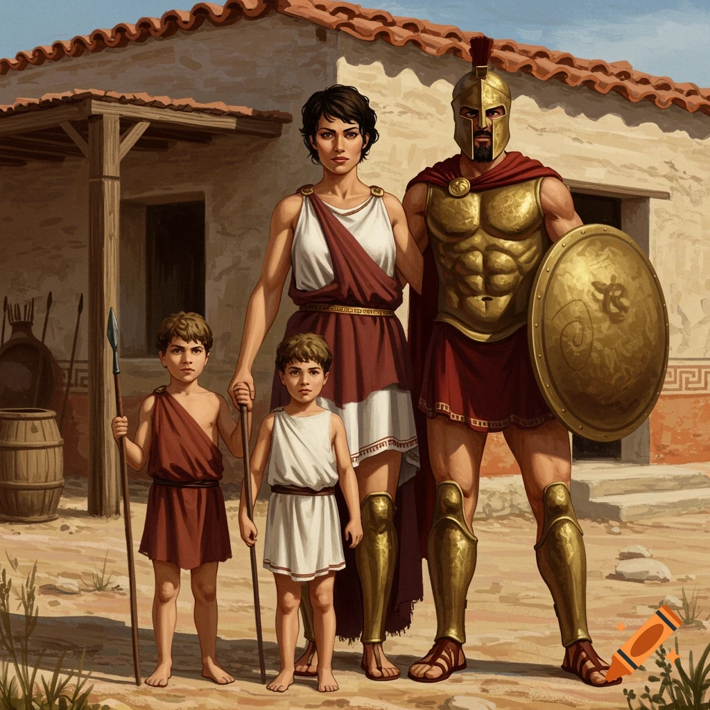 A Spartan family stands outside a building. The family consists of a warrior man, a woman, and two boys, all holding spears.