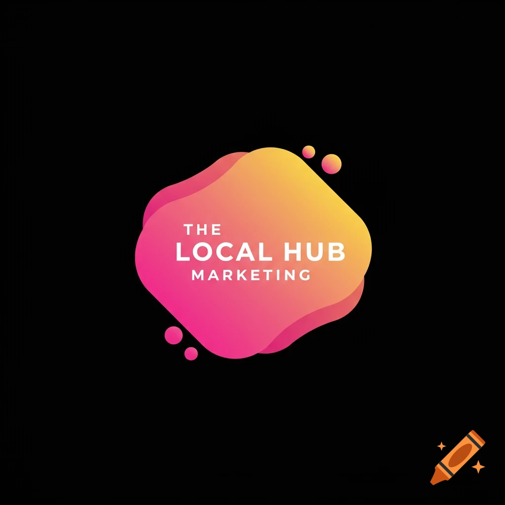 A stylish logo with a pink and yellow gradient shape, text 'THE LOCAL HUB MARKETING', and small circles on black.