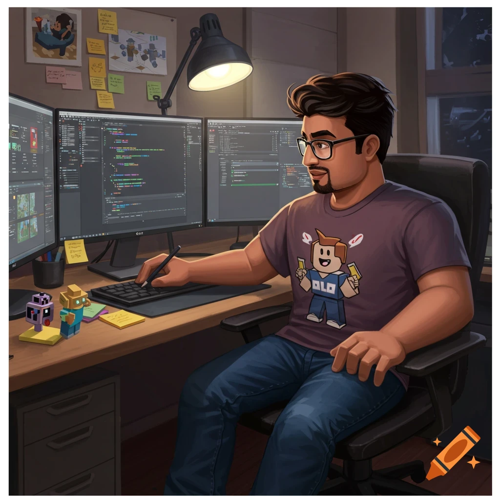 Illustration of a Roblox developer working at multiple computer monitors.