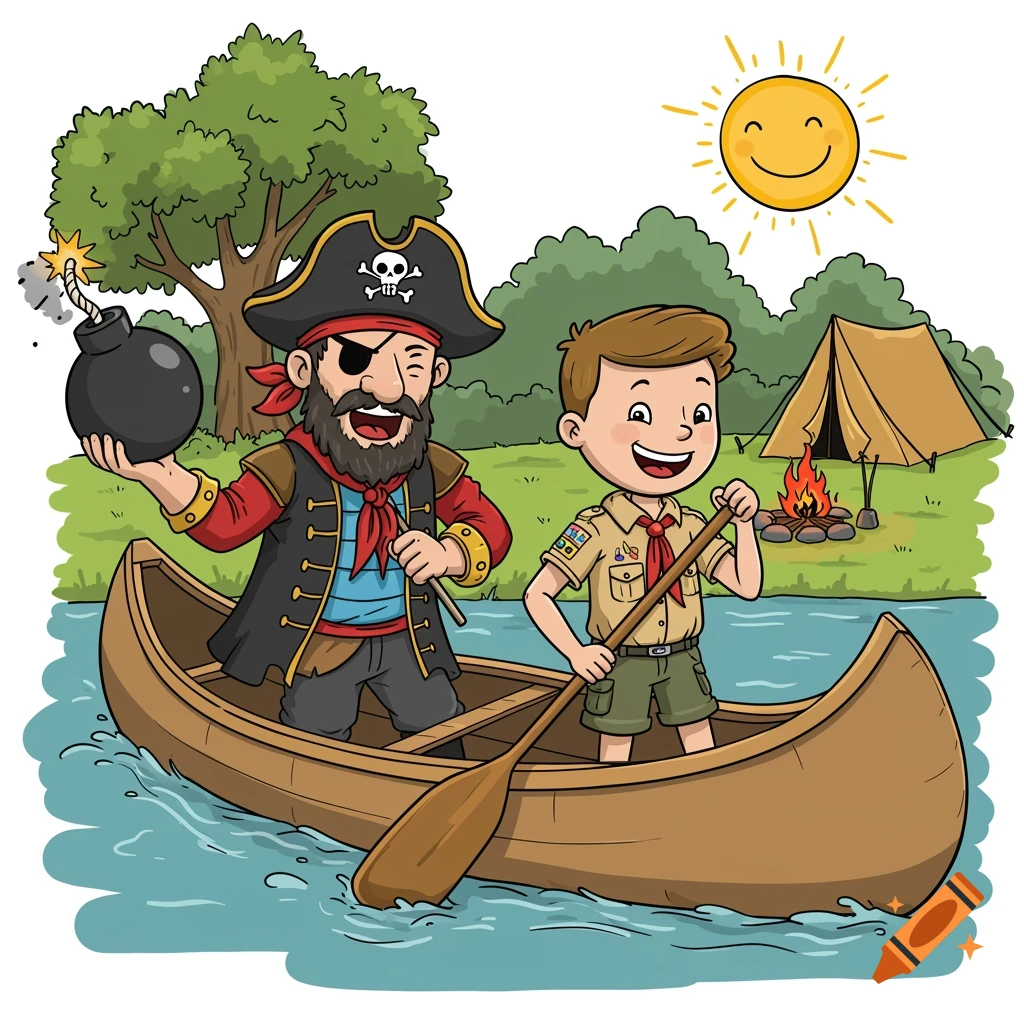 Cartoon illustration of a pirate and a boy scout canoeing, with a campfire and tent in the background.