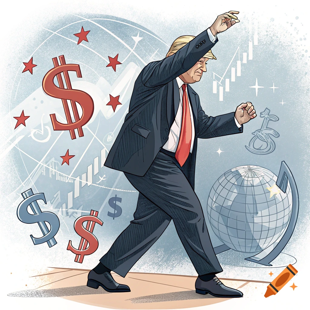 Cartoon illustration of Trump dancing among dollar signs, stock charts, and a globe.