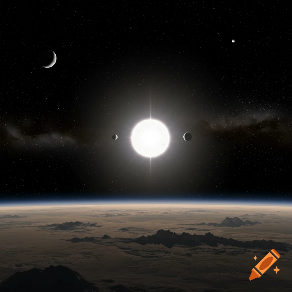View from a planet surface showing a white dwarf star, orbiting planets, a crescent moon, binary star companion, clouds, and mountains below.