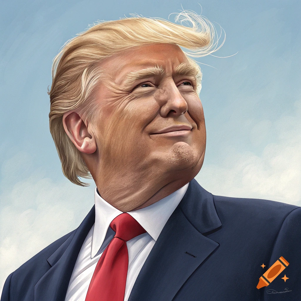 Portrait of Donald Trump looking up against a blue sky